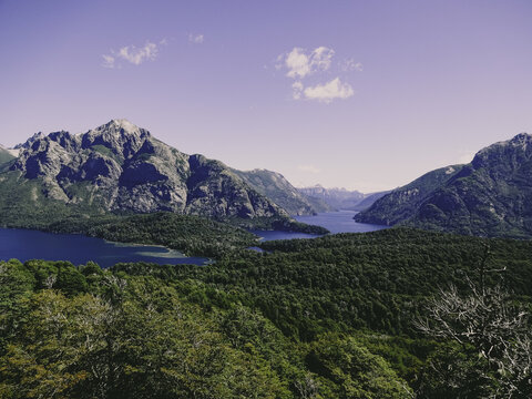 Llao llao in Argentina view over forest, lakes and mountains.