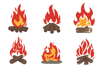 Collection of cartoon campfire in flat minimalistic style isolated on white background. Design element for icon, logo, badge, branding. Vector hand drawn illustration.