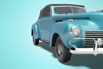 3d rendering of retro blue car with roof with leather on blue background with shadow