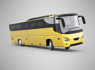 3d rendering yellow long travel bus turns on gray background with shadow
