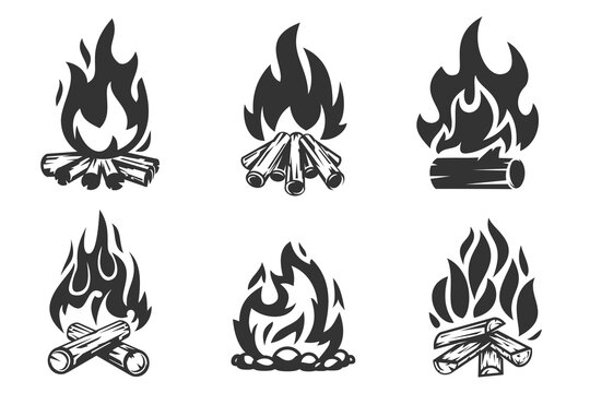 Collection of cartoon campfire in flat minimalistic style isolated on white background. Design element for icon, logo, badge, branding. Vector hand drawn illustration.