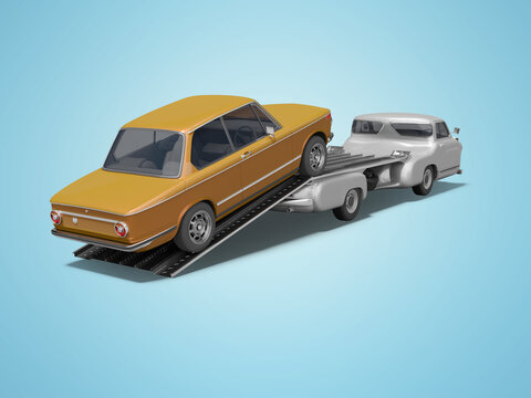 3d rendering concept of loading car on tow truck on blue background with shadow