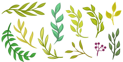 Collection hand drawn branches and leaves isolated on white background. Set of cartoon floral design elements. Vector botanical illustration.