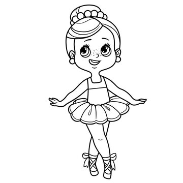 Beautiful cartoon little ballerina girl on toes in pointe outlined for coloring isolated on a white background