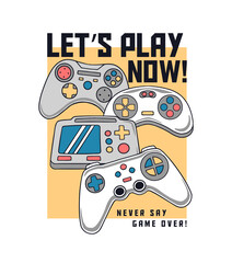 Vector joysticks gamepad illustrations with slogan texts, for t-shirt prints, posters and other uses. © cddesign.co