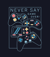 Vector joysticks gamepad illustrations with slogan texts, for t-shirt prints, posters and other uses. © cddesign.co