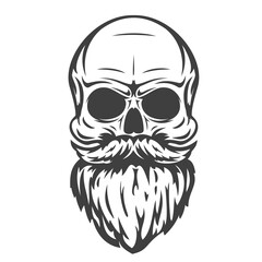 Hand drawn skull with mustache and beard in cartoon vintage style isolated on white background. Design element for print, poster, cover. Vector illustration.