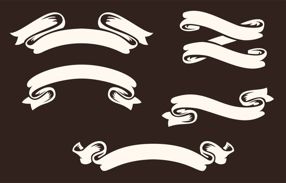 Set of hand drawn vintage ribbons isolated on black background. Decorative design element for banner, menu background. Vector object.