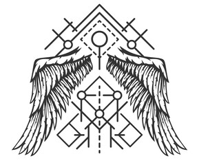 Hand drawn wing and sacred geometry forms isolated on white background. Modern magic symbol. Cartoon design element for tattoo, label, branding clothes. Vintage vector illustration.
