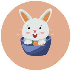 Smiling bunny in a cup on a round background