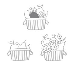 Vector doodle arrangement. Fruit basket, jam, bottle.
