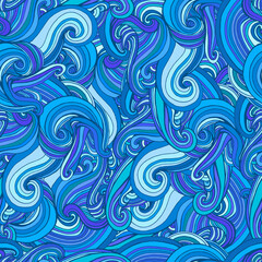 Colorful psychedelic abstract decorative waves seamless pattern, in blue cyan dark blue color.