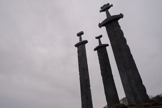 Low angle shot of the three swords of the Sverd i fjell in the Hafrsfjord neighborhood of Madla