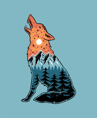 Vector illustration of a howling wolf with a mountain landscape. For t-shirt prints, posters, and other uses. © cddesign.co