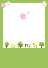木と植物の並びと桜の花のテンプレート(シンプル)
