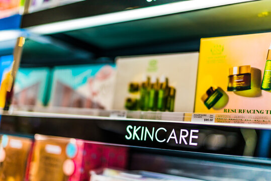 Cosmetics And Skincare Products On A Store Shelf In Sephora Shop