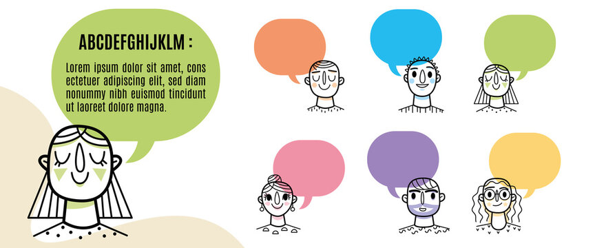 Personnages bulle de conversation discussion groupe opinion information dessin trait