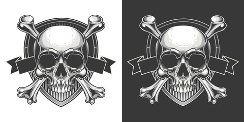 Traditional Jolly Roger design. Vector illustration of human skull with crossbones on shield banner with ribbon in engraving technique isolated on white background. 