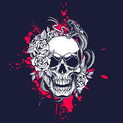 Skull poster design. Vector illustration of human skull with roses, snake and ink splash in engraving technique on black background. 
