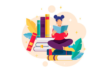 Flat design illustration with books stacks and reading girl, and floral elements. Book reading concept. Library concept.Home Education. Happy Book Day. Vector illustration