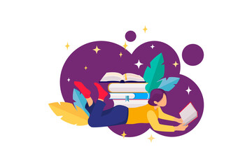 Fototapeta premium Flat design illustration with books stacks, reading girl, and floral elements. Book reading concept. Library concept. Home Education. Happy Book Day. Vector illustration