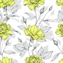 Floral background with beautiful yellow rosses. Seamless botanical pattern.  Hand drawing.