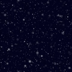 Falling snow seamless pattern. White spots on blue background. Winter snowfall texture.