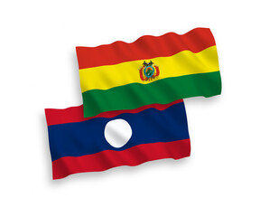 National vector fabric wave flags of Bolivia and Laos isolated on white background. 1 to 2 proportion.