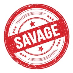 SAVAGE text on red round grungy stamp.