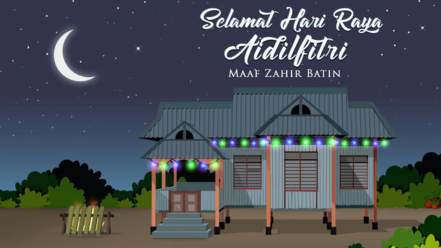 Eid Mubarak "Selamat Hari Raya Aidilfitri" with village house