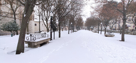 Snow-covered park and walks.