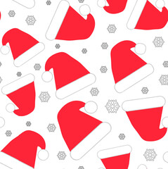 Red Santa hats with snowflakes seamless pattern on white background
