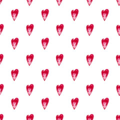 Seamless pattern of pink candy hearts. Symbol of Valentine's Day. Birthday card backdrop, wrapping paper and wedding texture. Watercolor isolated elements on white background.
