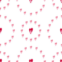 Seamless pattern of pink small anв big hearts in rounds. Symbol of Valentine's Day. Birthday card backdrop, wrapping paper and wedding texture. Watercolor isolated elements on white background.