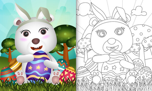 coloring book for kids themed easter with a cute polar bear using bunny ears headbands hugging eggs