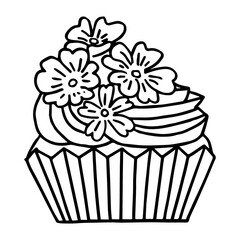 Cartoon cupcake handdrawn vector isolated in doodle design. Maffin, cupcake, deserts black color in white background. Doodle cakes with cream and flowers.