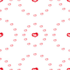 Seamless pattern of red small and big hearts in rounds. Symbol of Valentine's Day. Birthday card backdrop, wrapping paper and wedding texture. Watercolor isolated elements on white background.