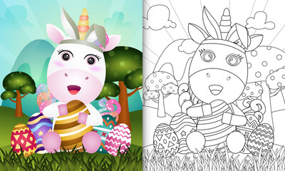 coloring book for kids themed easter with a cute unicorn using bunny ears headbands hugging eggs