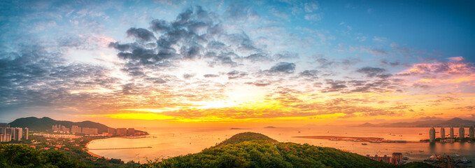 Aerial photography of Sanya bay scenery and sunset