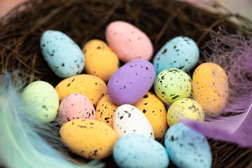 Naklejka na ściany i meble Easter eggs in a bird's nest pastel colores, Easter, spring, Nature concept background