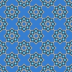 Bright seamless pattern, stars from rhombuses in blue tones, oriental arabesque.