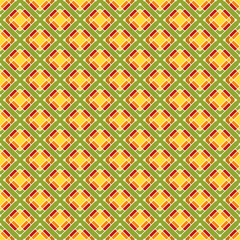 Bright colored rhombuses in oriental style. Seamless pattern with white stroke, green background.