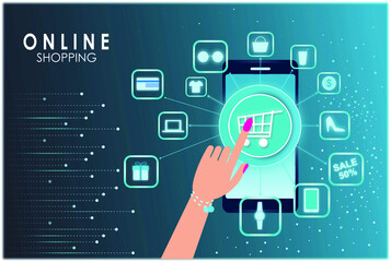 Mobile application, online shopping on website, logistics package delivery, vector concept.