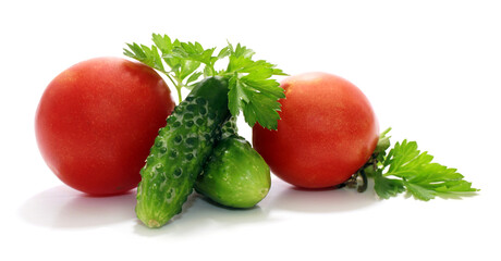 ingredients for vegetable salad, vegetables on a white background.  parsley, dill, tomatoes, cucumbers, healthy food, lifestyle