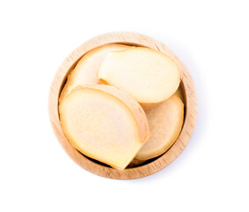  bowl of ginger root sliced on white background
