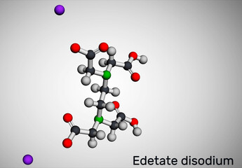 Disodium EDTA, edetate disodium,  disodium edetate,  molecule. It is diamine, is polyvalent chelating agent used to treat hypercalcemia. Molecular model. 3D rendering