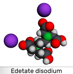 Disodium EDTA, edetate disodium,  disodium edetate,  molecule. It is diamine, is polyvalent chelating agent used to treat hypercalcemia. Molecular model. 3D rendering