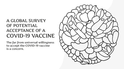 Coronavirus vaccination. A flower with a two Ampoules. Website header or banner in Doodle style. A global survey of potential acceptance of a COVID-19 vaccine. Vector EPS 10