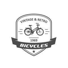 Bicycle store emblem or logo, retro bike badge with banner, vector