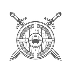 Round viking shield with celtic pattern and two crossed swords, medieval knight emblem with armor, vector